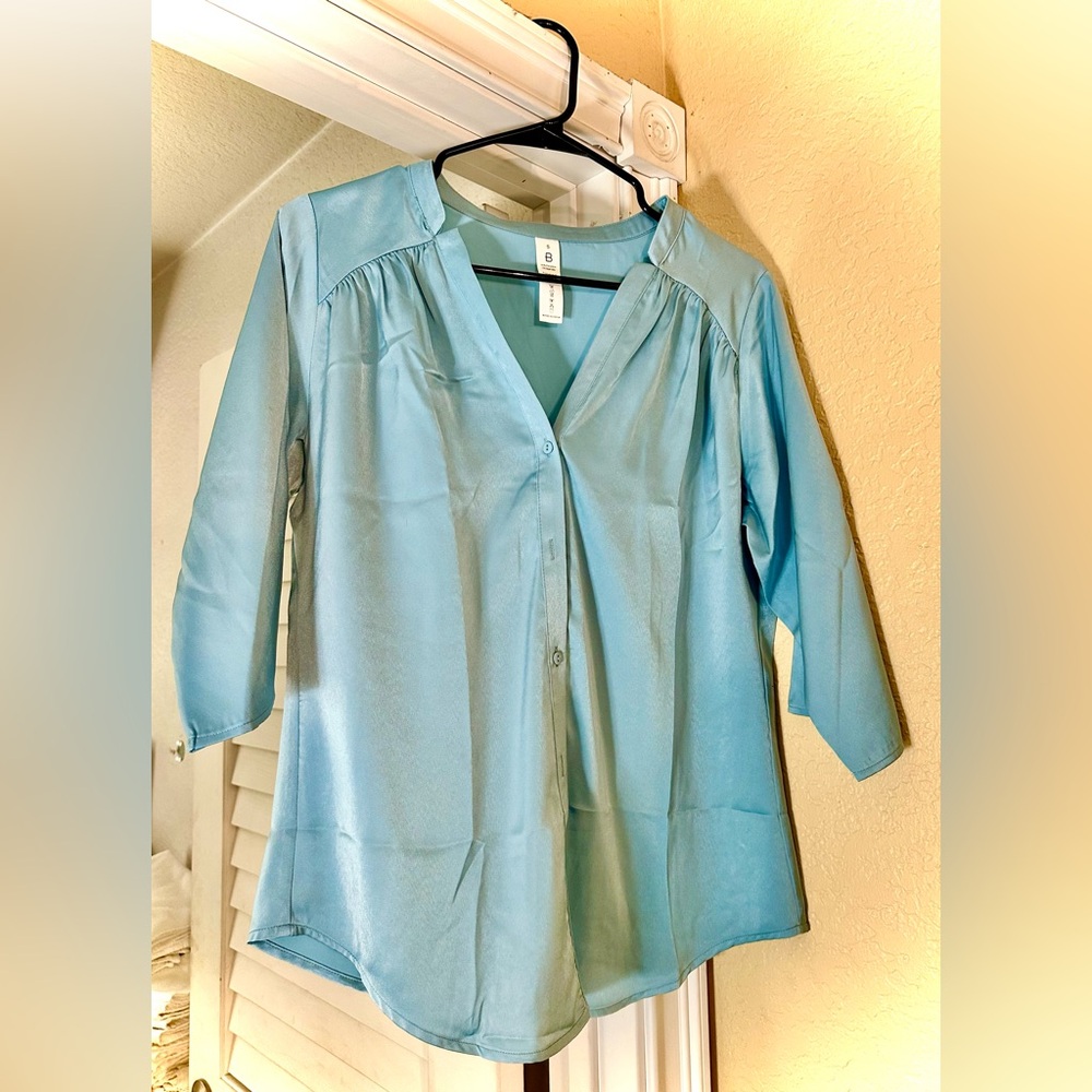 Light Blue/Teal Button-Up Satin Blouse